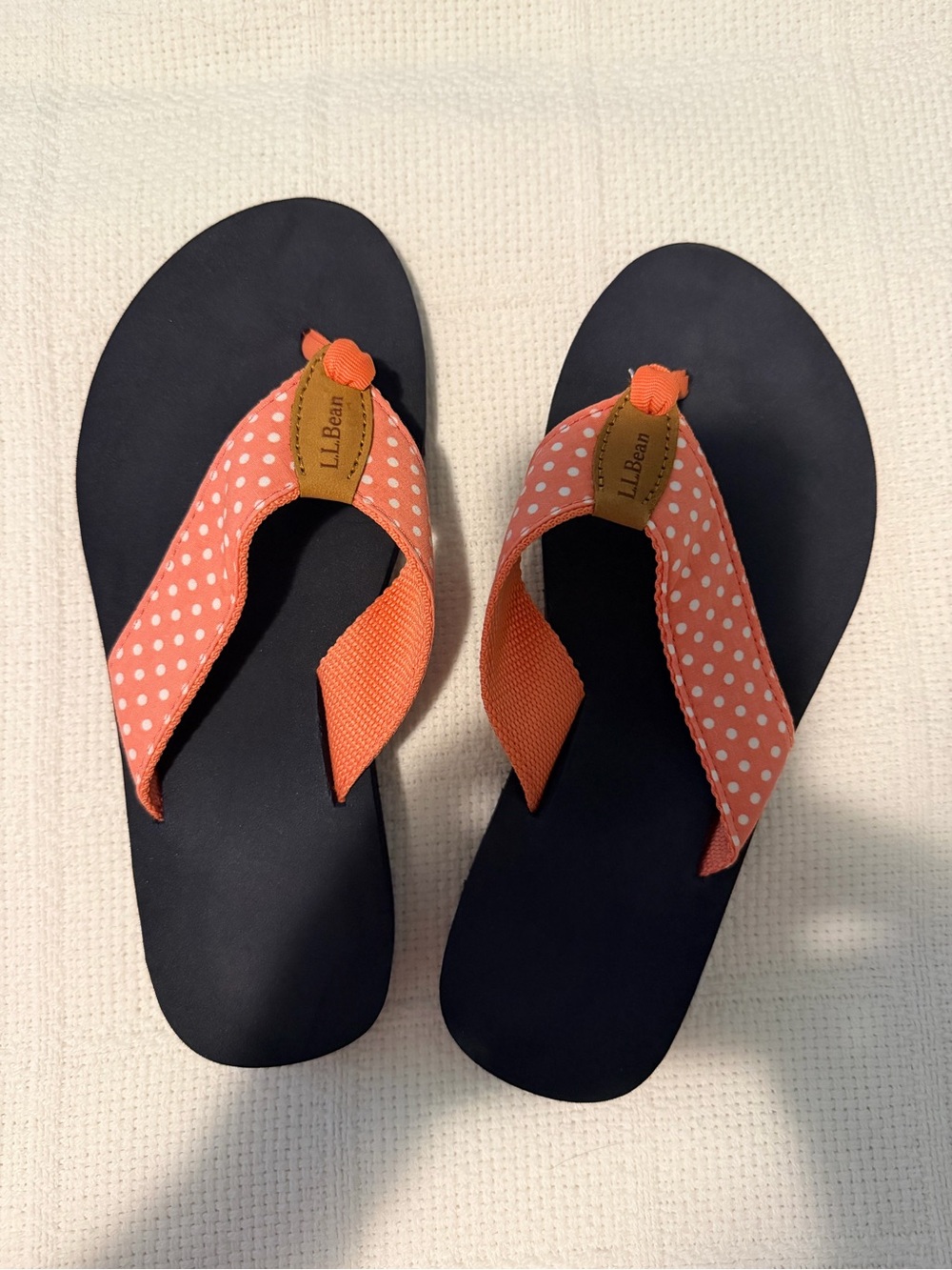 L.L. Bean Navy Footbed Flip Flops with Coral Polka Dot Straps